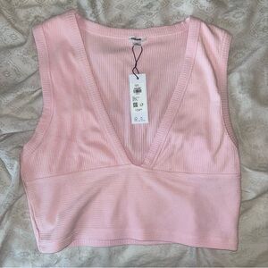 Garage Light Pink Ribbed V-Neck Crop Top